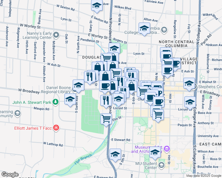 map of restaurants, bars, coffee shops, grocery stores, and more near in Columbia