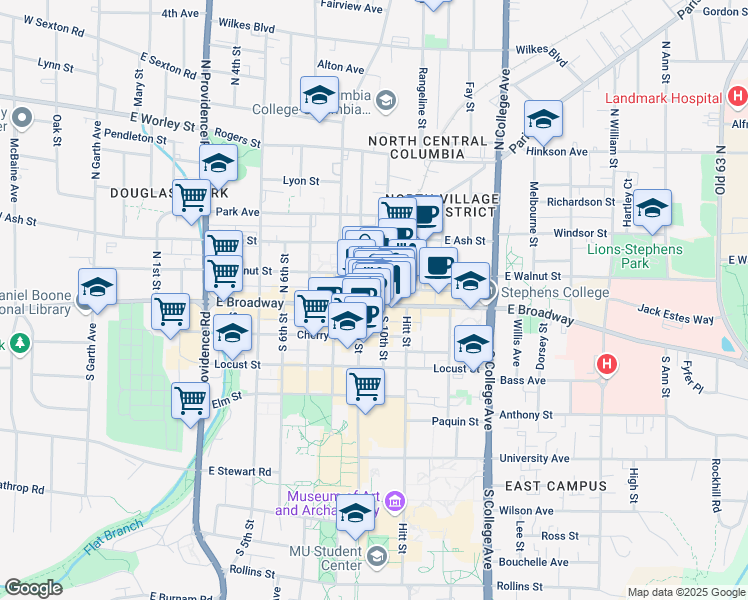 map of restaurants, bars, coffee shops, grocery stores, and more near 919 East Broadway in Columbia