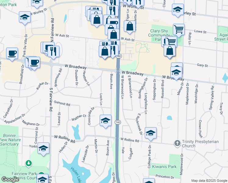 map of restaurants, bars, coffee shops, grocery stores, and more near State Highway 740 in Columbia