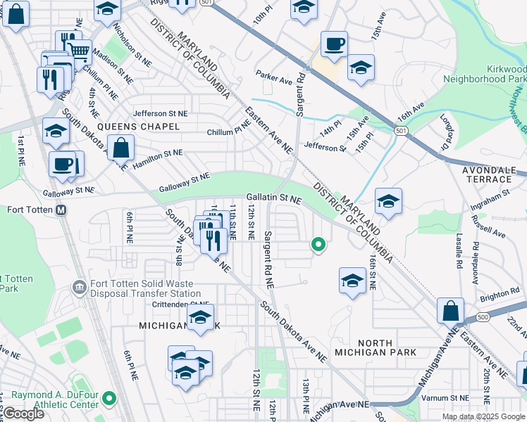 map of restaurants, bars, coffee shops, grocery stores, and more near 5038 Sargent Road Northeast in Washington