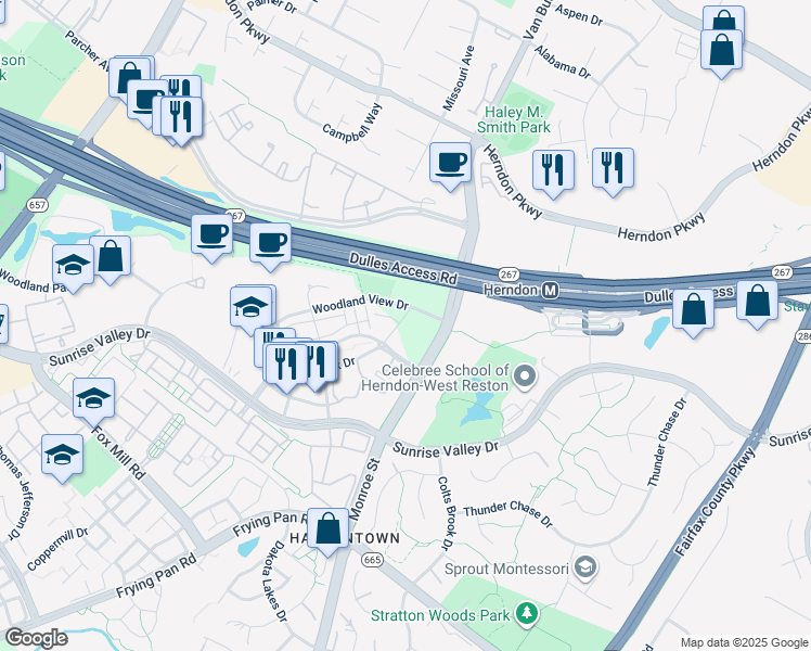 map of restaurants, bars, coffee shops, grocery stores, and more near 2249 Woodland Grove Place in Herndon