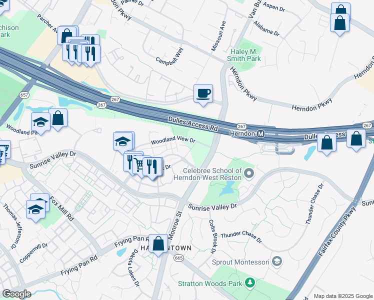map of restaurants, bars, coffee shops, grocery stores, and more near 12865 Mosaic Park Way in Herndon