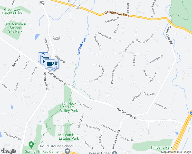 map of restaurants, bars, coffee shops, grocery stores, and more near 1026 Founders Ridge Lane in McLean