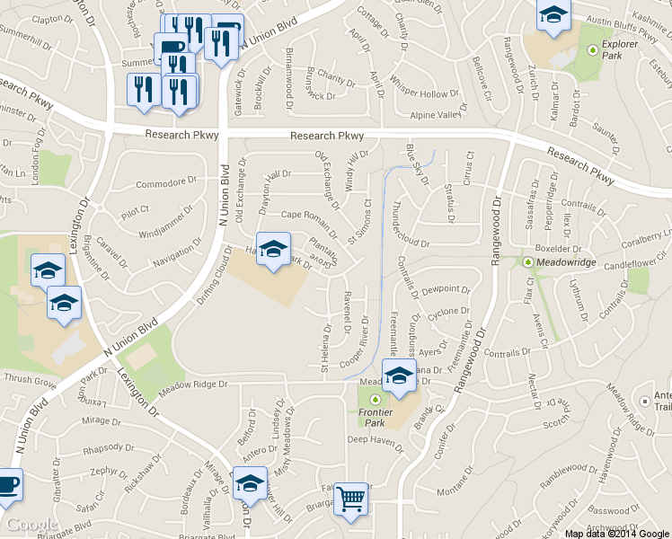 map of restaurants, bars, coffee shops, grocery stores, and more near 3531 Plantation Grove in Colorado Springs