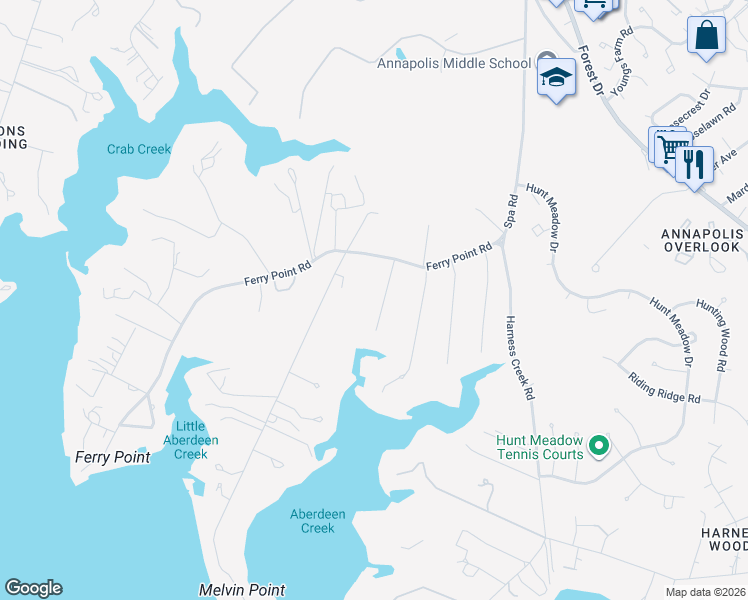 map of restaurants, bars, coffee shops, grocery stores, and more near 3046 Aberdeen Road in Annapolis