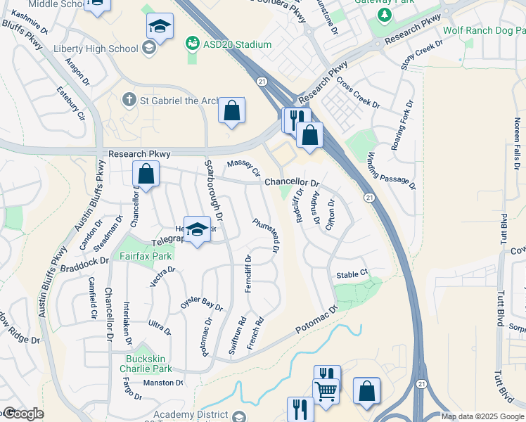 map of restaurants, bars, coffee shops, grocery stores, and more near 5461 Plumstead Drive in Colorado Springs