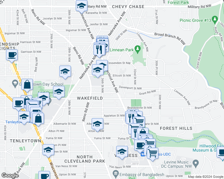 map of restaurants, bars, coffee shops, grocery stores, and more near 4740 Connecticut Avenue Northwest in Washington
