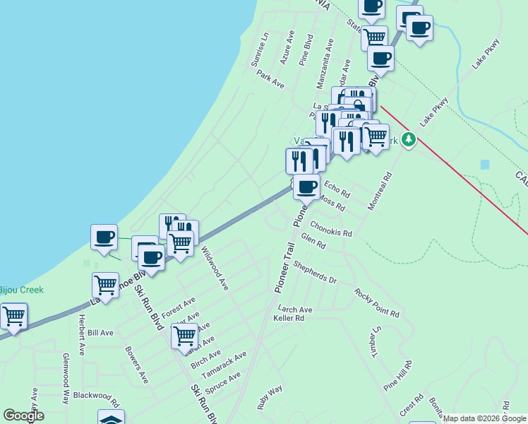 map of restaurants, bars, coffee shops, grocery stores, and more near 6 Midway Road in South Lake Tahoe