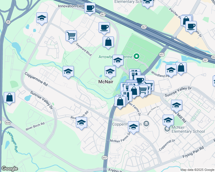 map of restaurants, bars, coffee shops, grocery stores, and more near 13542 Innovation Station Loop in Herndon