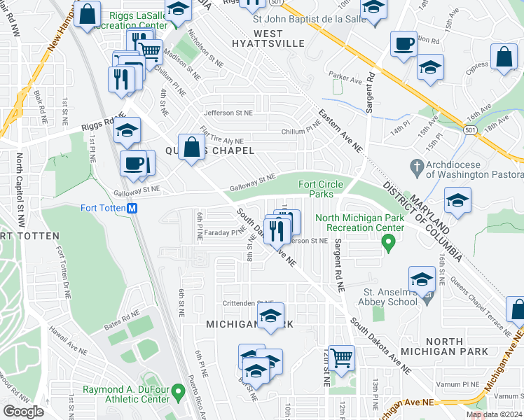 map of restaurants, bars, coffee shops, grocery stores, and more near 5062 8th Street Northeast in Washington