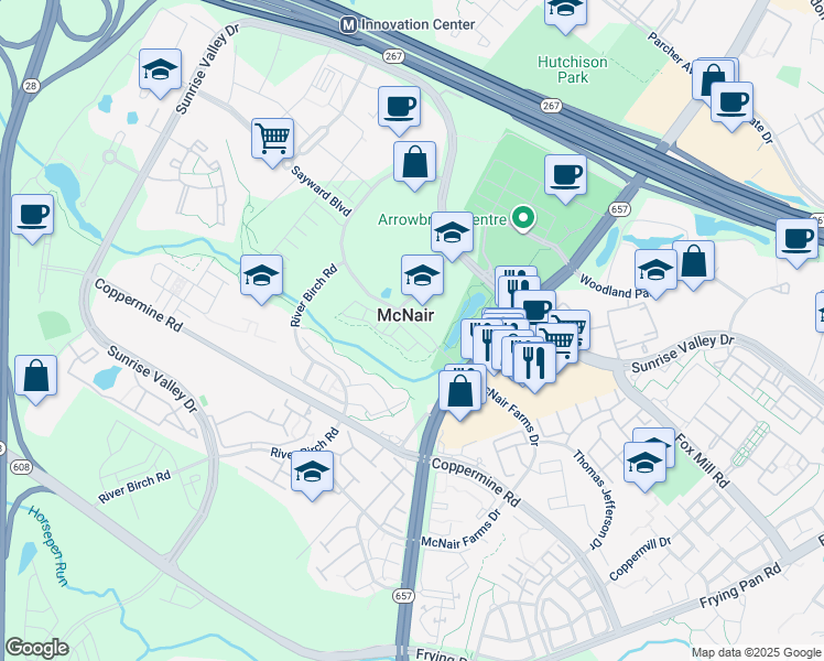 map of restaurants, bars, coffee shops, grocery stores, and more near 13542 Innovation Station Loop in Herndon