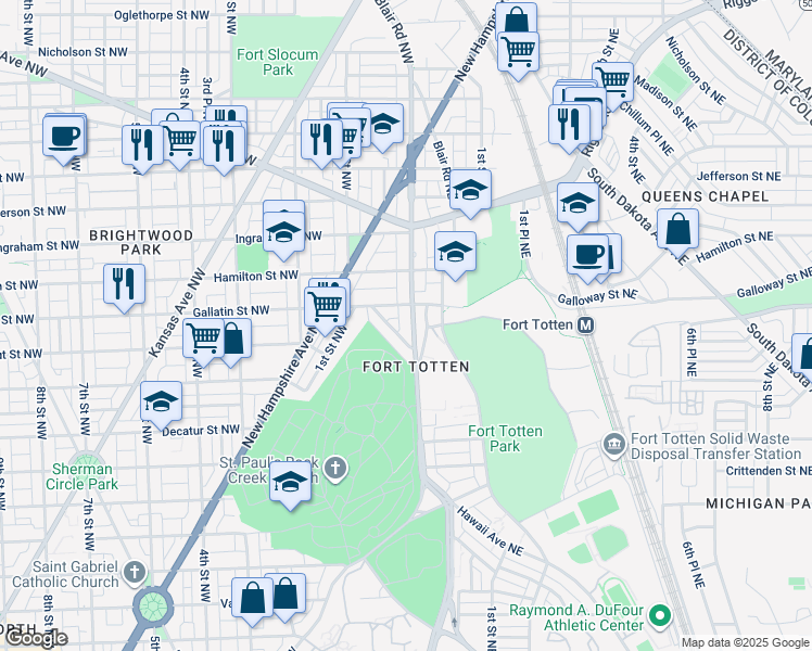 map of restaurants, bars, coffee shops, grocery stores, and more near 5012 North Capitol Street Northwest in Washington