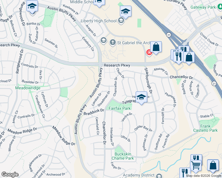 map of restaurants, bars, coffee shops, grocery stores, and more near 8361 Steadman Drive in Colorado Springs