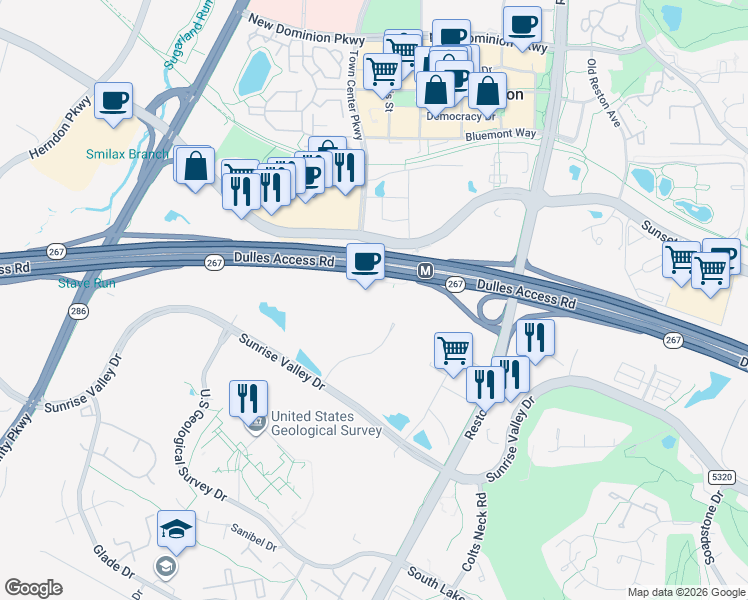 map of restaurants, bars, coffee shops, grocery stores, and more near 2000 Edmund Halley Drive in Reston