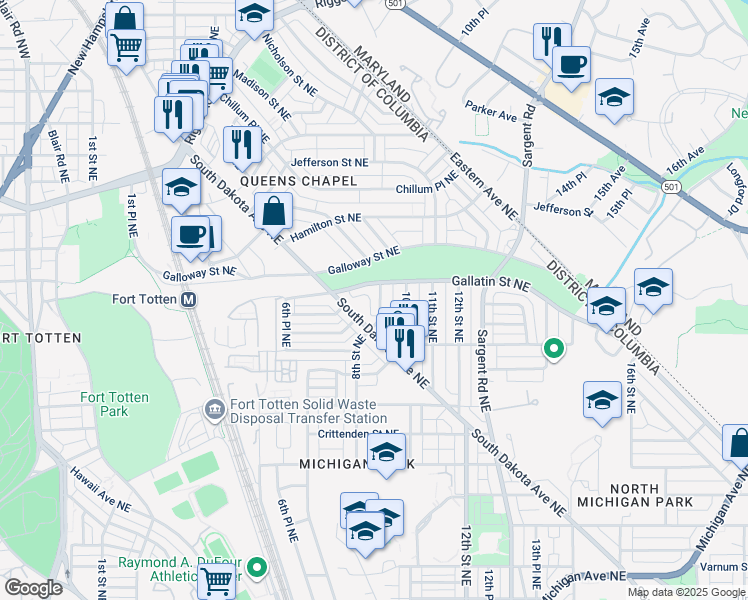 map of restaurants, bars, coffee shops, grocery stores, and more near 5062 8th Street Northeast in Washington
