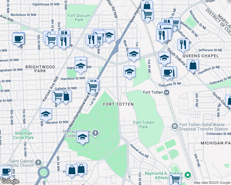 map of restaurants, bars, coffee shops, grocery stores, and more near 5012 North Capitol Street Northwest in Washington