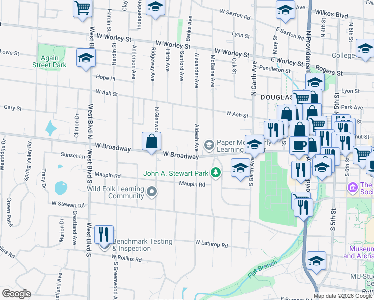 map of restaurants, bars, coffee shops, grocery stores, and more near 411 West Broadway in Columbia