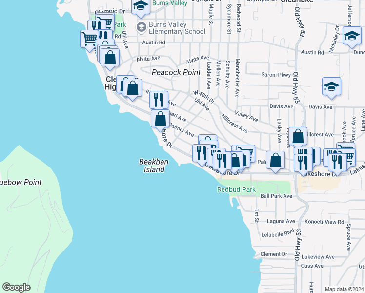 map of restaurants, bars, coffee shops, grocery stores, and more near 14530 Lakeshore Drive in Clearlake