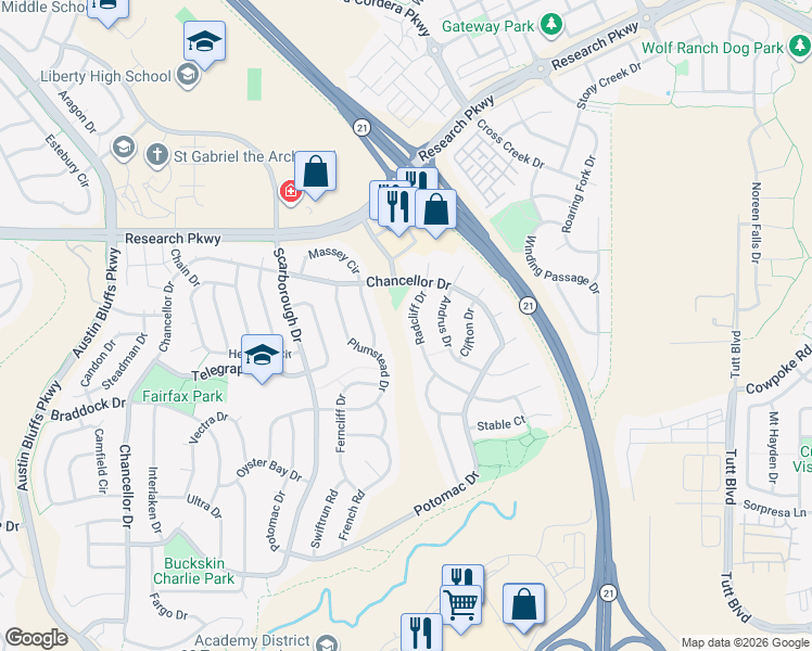 map of restaurants, bars, coffee shops, grocery stores, and more near 8243 Radcliff Drive in Colorado Springs