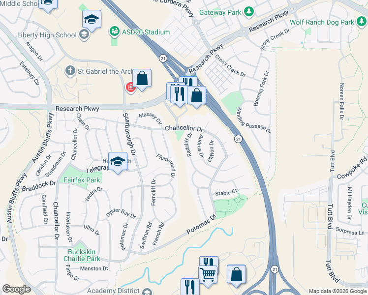 map of restaurants, bars, coffee shops, grocery stores, and more near 8236 Radcliff Drive in Colorado Springs