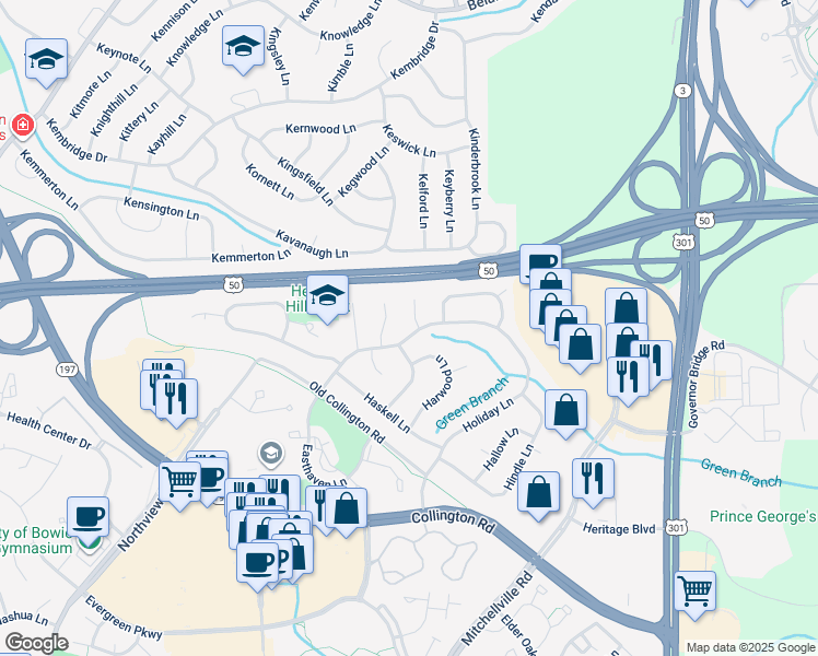 map of restaurants, bars, coffee shops, grocery stores, and more near 12722 Holiday Lane in Bowie