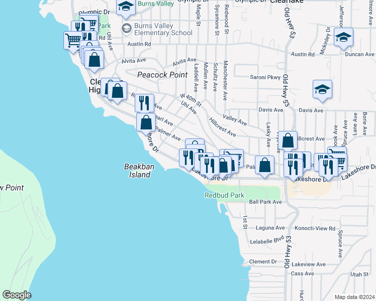 map of restaurants, bars, coffee shops, grocery stores, and more near 14576 Emory Avenue in Clearlake