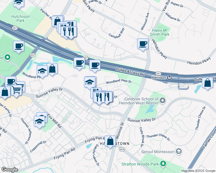 map of restaurants, bars, coffee shops, grocery stores, and more near 12923 Sunrise Ridge Alley in Herndon
