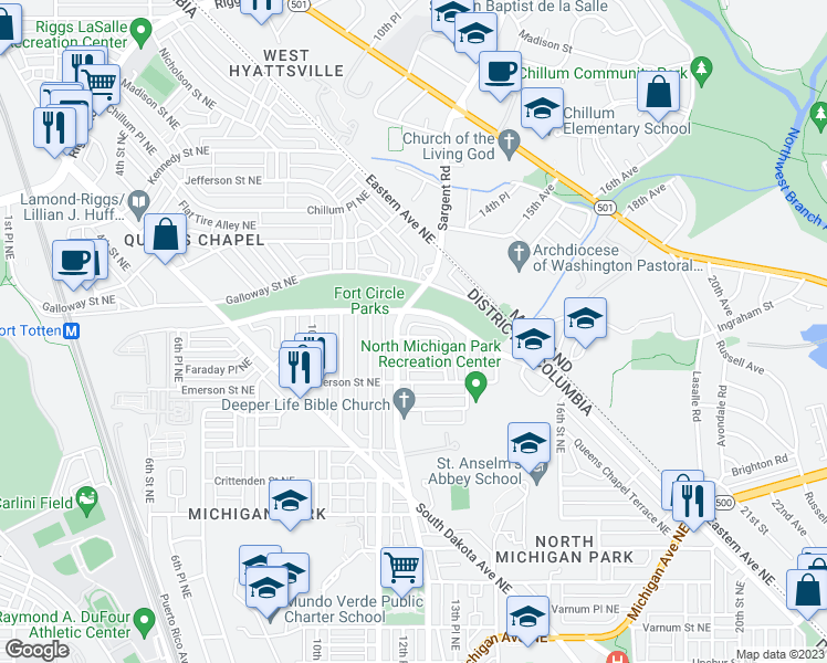 map of restaurants, bars, coffee shops, grocery stores, and more near 1228 Farragut Place Northeast in Washington