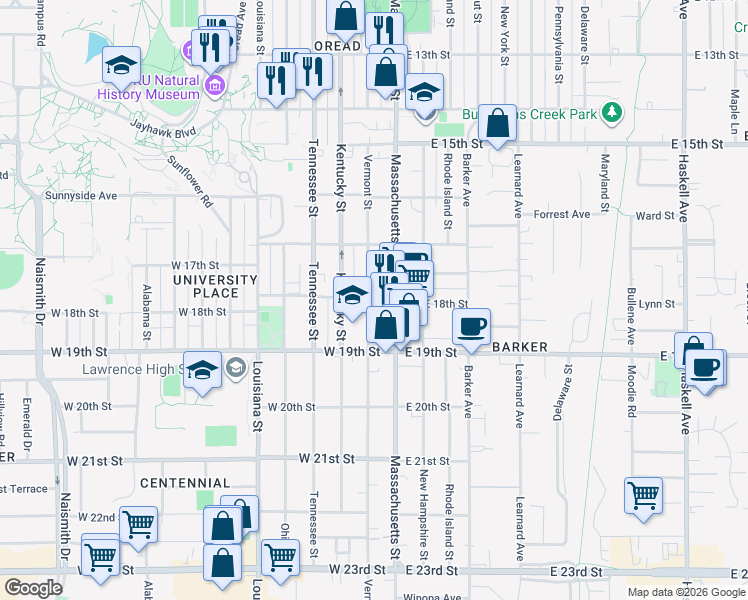 map of restaurants, bars, coffee shops, grocery stores, and more near 1740 Vermont Street in Lawrence