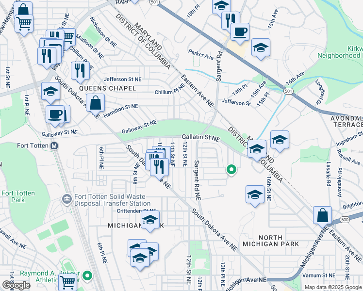 map of restaurants, bars, coffee shops, grocery stores, and more near 5040 12th Street Northeast in Washington