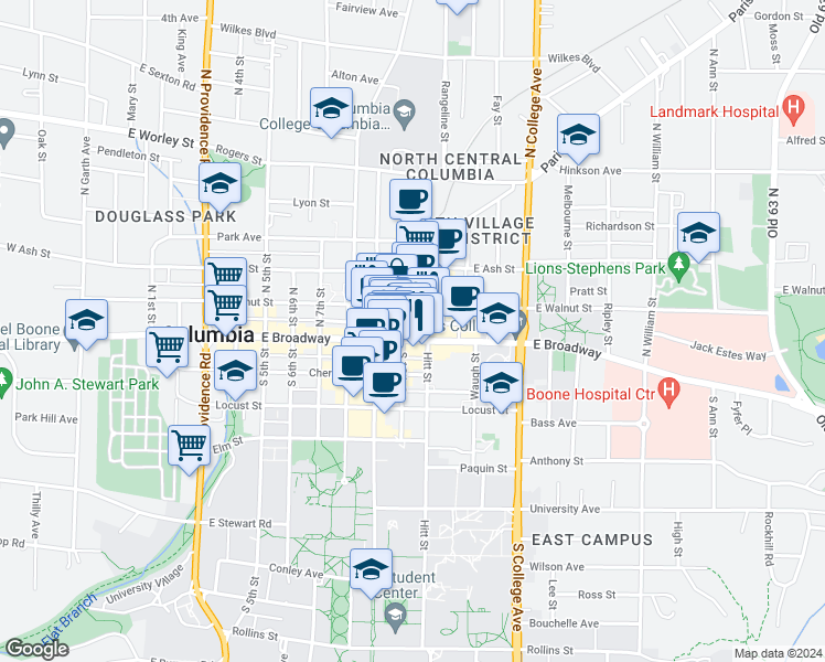 map of restaurants, bars, coffee shops, grocery stores, and more near 1013 East Walnut Street in Columbia