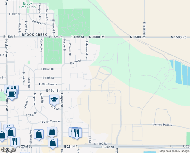 map of restaurants, bars, coffee shops, grocery stores, and more near 1909 East 19th Street in Lawrence