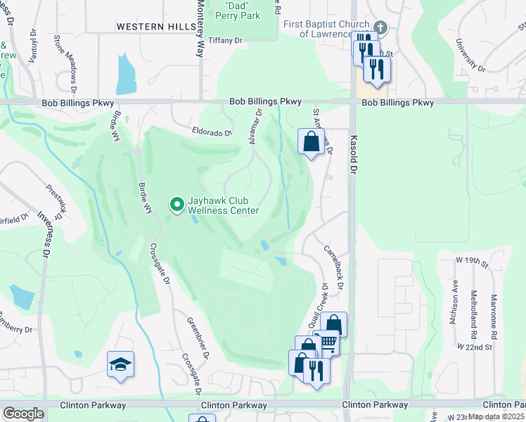 map of restaurants, bars, coffee shops, grocery stores, and more near 1628 Alvamar Drive in Lawrence