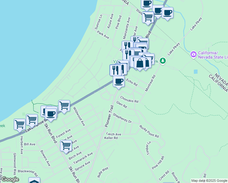 map of restaurants, bars, coffee shops, grocery stores, and more near 3897 Pioneer Trail in South Lake Tahoe
