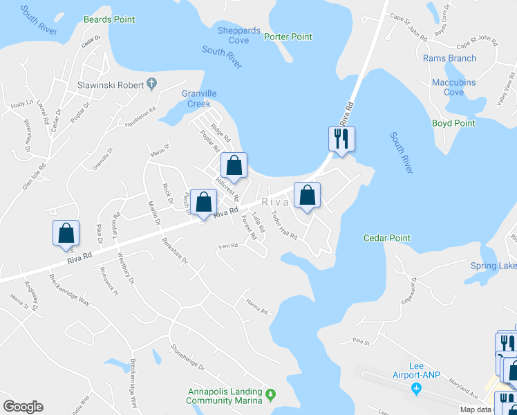 map of restaurants, bars, coffee shops, grocery stores, and more near 3085 Riva Road in Riva