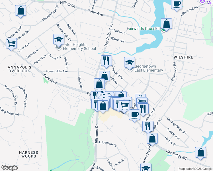 map of restaurants, bars, coffee shops, grocery stores, and more near 1 Bens Drive in Annapolis