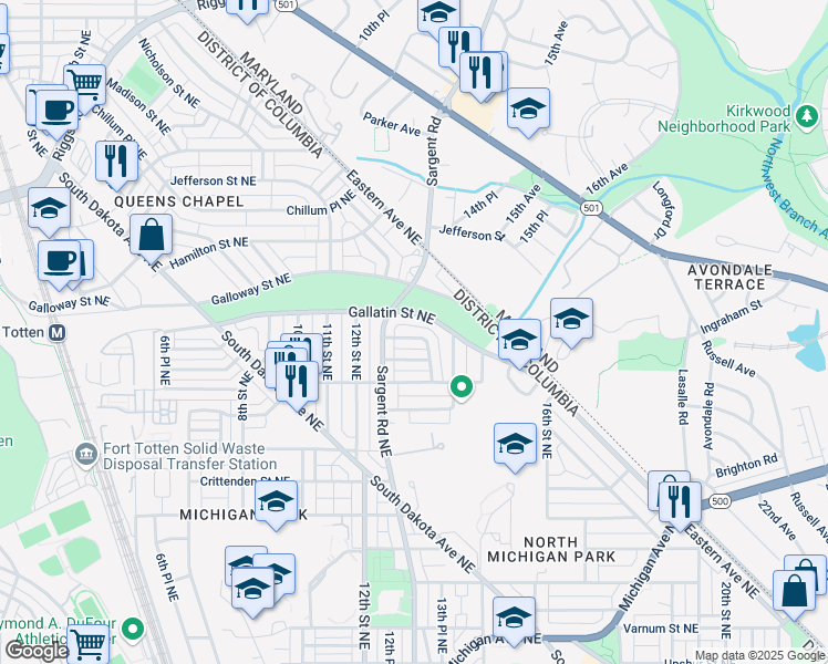 map of restaurants, bars, coffee shops, grocery stores, and more near 1242 Farragut Place Northeast in Washington