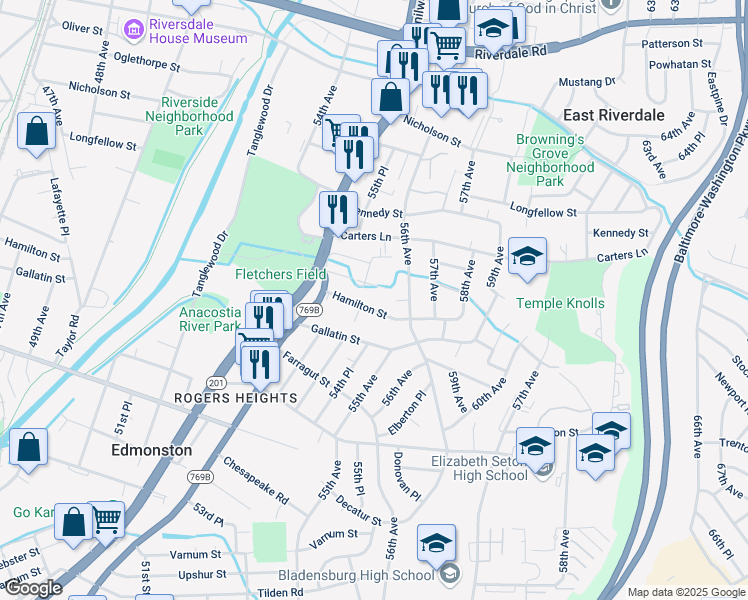 map of restaurants, bars, coffee shops, grocery stores, and more near 5402 Hamilton Street in Hyattsville