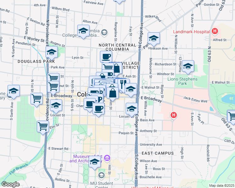 map of restaurants, bars, coffee shops, grocery stores, and more near 1111 East Broadway in Columbia