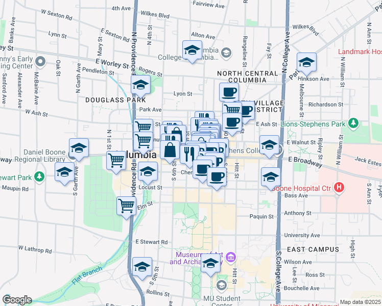 map of restaurants, bars, coffee shops, grocery stores, and more near 701 East Broadway in Columbia