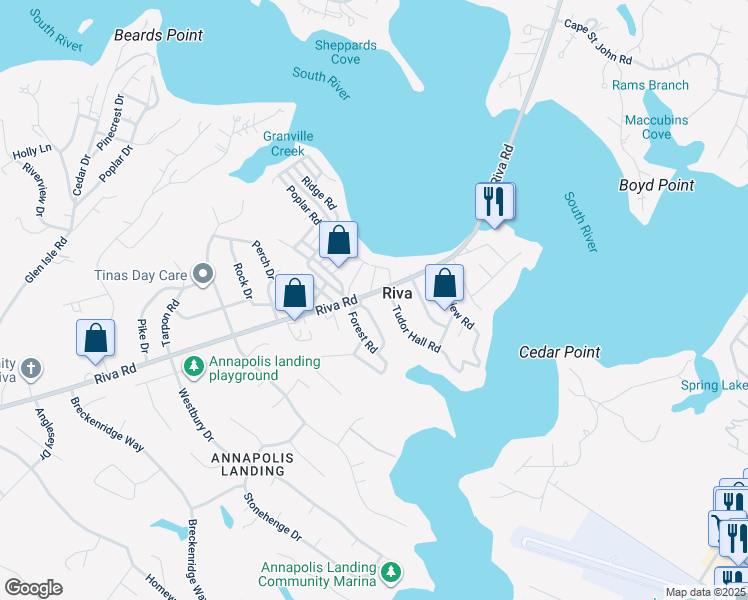 map of restaurants, bars, coffee shops, grocery stores, and more near 3085 Riva Road in Riva