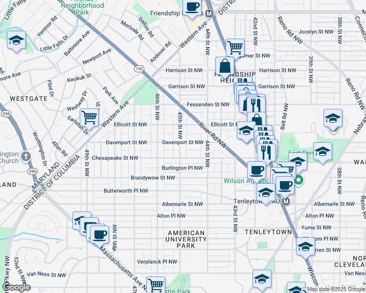 map of restaurants, bars, coffee shops, grocery stores, and more near 4721 45th Street Northwest in Washington