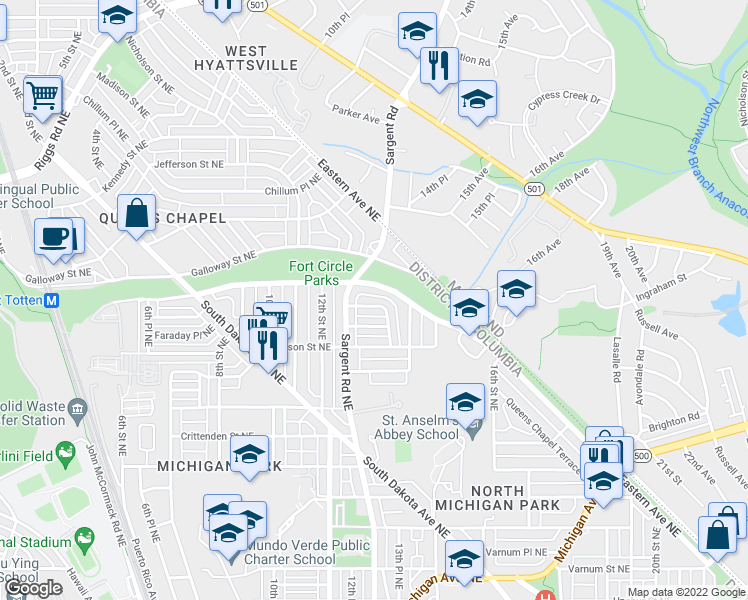 map of restaurants, bars, coffee shops, grocery stores, and more near 1242 Farragut Place Northeast in Washington