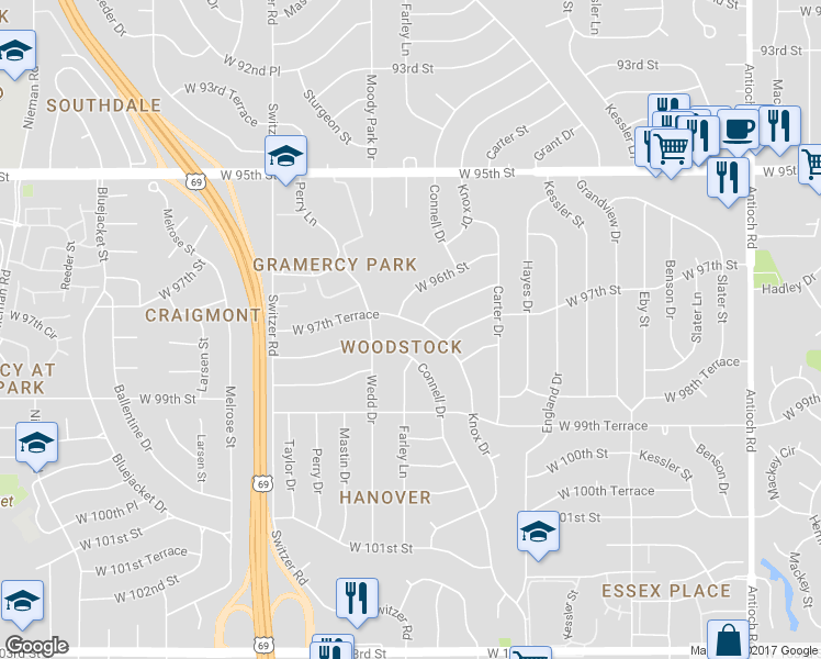 map of restaurants, bars, coffee shops, grocery stores, and more near 9612 Knox Drive in Overland Park