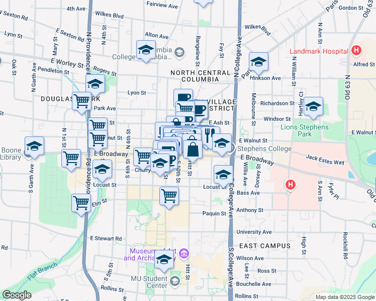 map of restaurants, bars, coffee shops, grocery stores, and more near 1025 East Broadway in Columbia