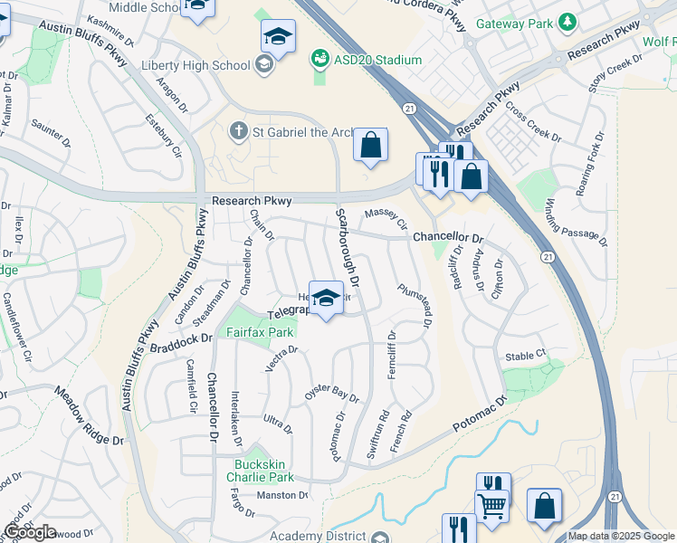 map of restaurants, bars, coffee shops, grocery stores, and more near 8253 Wilmington Drive in Colorado Springs