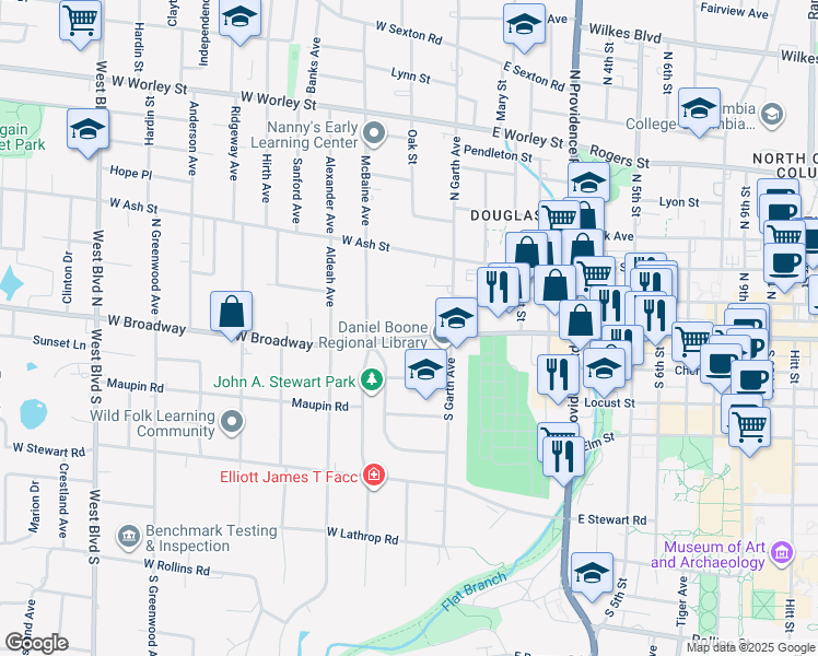 map of restaurants, bars, coffee shops, grocery stores, and more near 201 West Broadway in Columbia