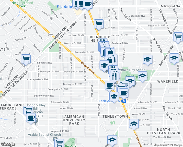 map of restaurants, bars, coffee shops, grocery stores, and more near 4338 River Road Northwest in Washington
