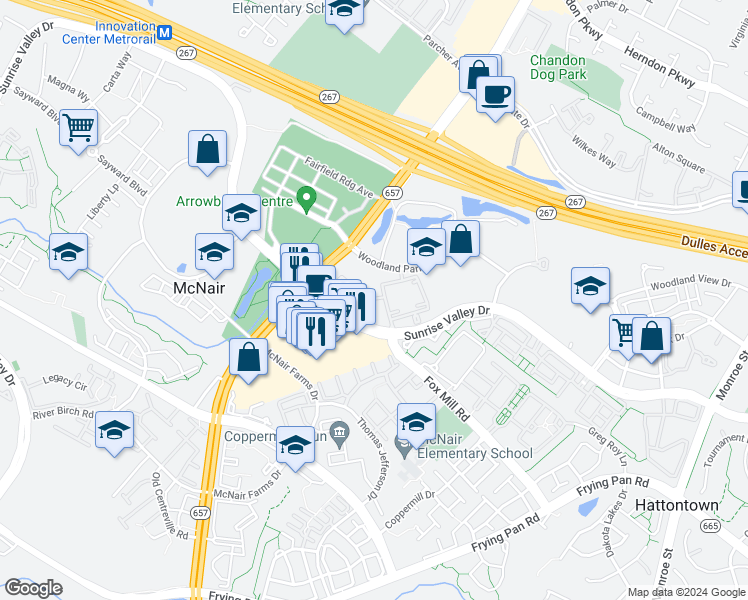 map of restaurants, bars, coffee shops, grocery stores, and more near 2393 Glen Echo Road in Herndon