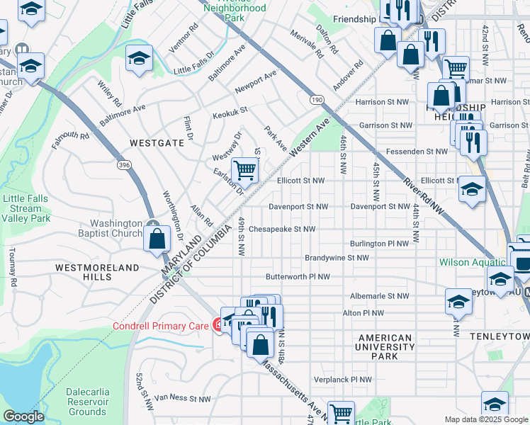 map of restaurants, bars, coffee shops, grocery stores, and more near 4820 Davenport Street Northwest in Washington